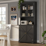 Garvee 72" Tall White Kitchen Hutch Cabinet with Glass Doors, 41" Wide Freestanding Storage Cabinet with Charging Station & LED Lights, Open Counter Shelf and Double Lower Doors, Farmhouse Buffet for Dining - Black