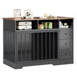 Garvee 48" Dog Crate Furniture with Bowls, Heavy Duty Dog Kennel End Table with 3 Storage Drawers, Locking Door, Farmhouse Style Pet Crate Cabinet for Medium Small Dogs, Black - Black