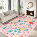 Garvee 9' x 12' Modern Colorful Floral Area Rug, Machine Washable Non-Slip Low-Pile Soft Rug for Living Room, Bedroom & Dining Room, Pink - Pink