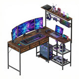 Garvee Computer Desk with 3 Fabric Drawers, 50.4 in l-Desk Display Shelves with Led Light & Power Outlet, PC Table Workstation for Home Office, Gaming Desk for Small Spaces, Rustic Brown - Rustic Brown