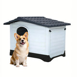 Garvee 2-Door Large Dog House for Indoor and Outdoor Dog House with Fold-Out Porch Elevated Base, Waterproof Pet House for Small and Medium Dogs, Easy Assembly, Gray (38''L x 26''W x 31''H) - Gray