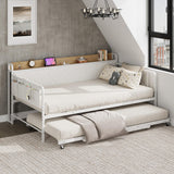 Garvee Twin Daybed with Trundle and LED Light, Upholstered Headboard with Charging Station, Sofa Day Bed for Living Room,Bedroom, White - White