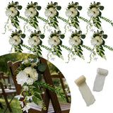 Garvee 10-Pack Artificial Wedding Pew Flowers - White Rose & Eucalyptus Chair/Aisle Bouquets with Ribbon, Reusable Church Ceremony Bridal Shower Party Decor, 14cm - Color: White, Ribbon Neutral-Tone Tone + Pure White - White