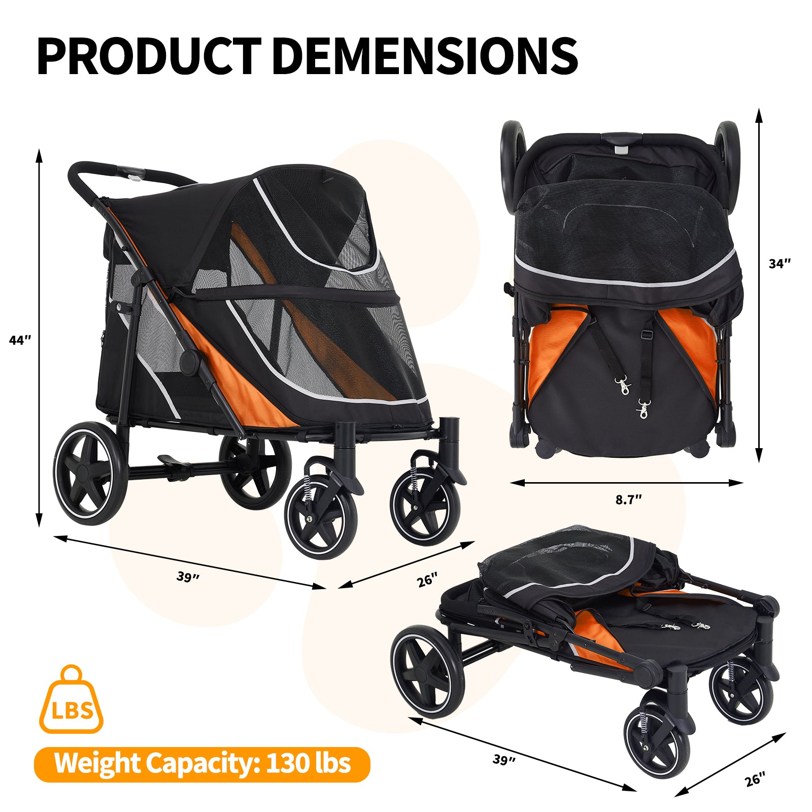 orange dog stroller Garvee Large Dog Stroller, 4 Wheel Pet Stroller for Medium or Senior Dogs, One-Click Foldable