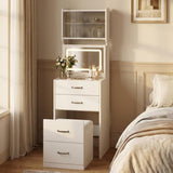 Garvee 3 in 1 Vanity Desk with Hidden Storage Chair, Compact Makeup Table Set with 3 Color LED Mirror, Charger Station, Drawers & Acrylic Doors, Vanity Table, Jewelry Box, for Bedroom, White - White