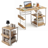 Garvee Space-Saving Folding Computer Desk with Wheels, 31.5 in Rolling Writing Table - Storage Shelf - Side Organizer - Locking Casters - Natural Wood - Oak