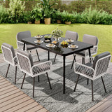 Garvee Outdoor Dining Set, 59" Black Metal Table with Tempered Glass Top & 6 Wicker Chairs, Patio Table and Chairs Set with Gray Cushions for Garden, Poolside