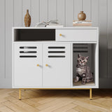 Garvee Modern Cat Litter Box Enclosure Furniture – Hidden Storage, Barn Door, Drawers & Shelves, Ventilated, Dog Proof, Cat Washroom Side Table – Fits Most Litter Boxes – White