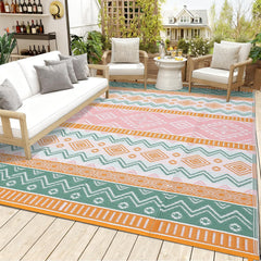Garvee Reversible Geometric Outdoor Patio Rug - Waterproof, UV Resistant, Easy Clean, Lightweight & Collapsible Woven Mat, 8x10ft, Four Colors: Yellow/Rose Red/Green/White - Yellow/Rose Red/Green/White