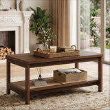 Garvee 2-Tier Walnut Coffee Table with Rattan Shelf, Water-Resistant Scratch-Resistant Surface, Rounded Corners, Anti-Slip Pads, Boho Mid-Century Living Room