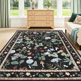 Garvee 5x7 Washable Floral Area Rug, Non-Slip Low Pile Rug, Stain Resistance Carpet for Living Room, Bedroom, Dining Room, Black - Black