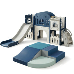 Garvee Toddler Indoor Playground - 8-in-1 Castle Slide Set with Tunnel, Basketball Hoop, and Soft Foam Climbing Blocks for Ages 1+ - Blue