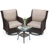 Garvee 3-Piece Swivel Rocker Patio Bistro Set, Outdoor Wicker Chairs with 4" Beige Cushions & 2-Tier Table - Beige