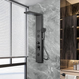 Garvee Matte Black Stainless Steel Shower Panel Tower – 5-in-1 Wall-Mounted Column with Rainfall & Waterfall Head, 2 Body Jets, 3-Function Handheld, Tub Spout, LED Temp Display – Color: 9266 with water power LED light + temperature control display +