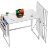 Garvee Folding Computer Desk for Small Spaces, Compact Home Office Writing Desk - Side Storage Pocket - Hooks - Anti-Slip Foot Pads - Sturdy Metal Frame - Color: White - White
