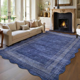 Garvee 10' × 13' Scalloped Border Area Rug, Machine Washable Non-Slip Low-Pile Stain-Resistant Rug for Living Room, Bedroom & Dining Room, Blue - Blue