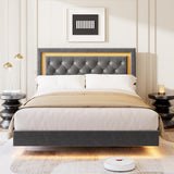 Garvee Floating Platform Bed Frame with Smart LED Lights - Diamond Upholstered Headboard - Sturdy Sturdy Wood Slats - Modern Noise-Free Design - Easy Assembly - No Box Spring Needed - Heavy Duty - Queen Size - Grey - Gray