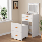 Garvee 3-in-1 White Compact Makeup Vanity Desk – Adjustable LED Mirror, Drawer, Hidden Storage, Rolling Cushioned Stool – Space-Saving Dressing Table for Small Bedroom, White - White
