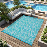 Garvee Waterproof Reversible Outdoor Rug - Boho Leaf Design - Large, UV & Mark Resistant, Washable Plastic Patio Carpet with 4 Stakes & Storage Bag for Camping, RV, Deck, Balcony, Backyard, 8x10ft, Light Blue/White - Light Blue & White