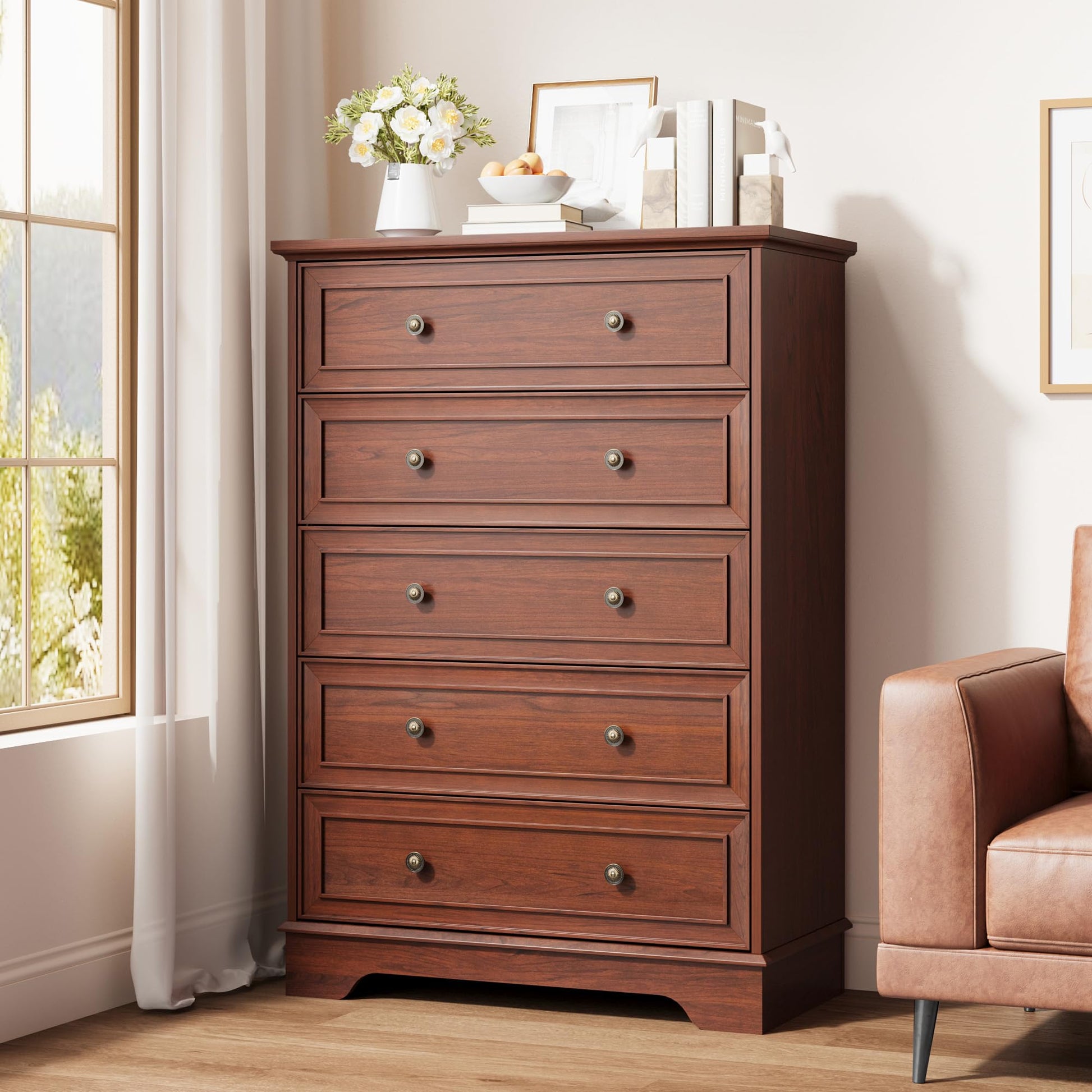 Garvee Farmhouse 5 Drawer Dresser for Bedroom - Vertical Chest Cabinet with Spacious Storage - Tall Organizer for Living Room or Hallway