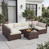 Garvee 7 Piece Patio Furniture Set Outdoor Sectional Rattan Sofa Thick Cushions Tempered Glass Table Brown Beige Backyard Garden - Brown Rattan & Beige Cushion