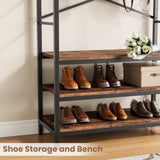 Garvee Farmhouse 3-in-1 Entryway Hall Tree with Shoe Storage Bench – 16 Hooks, Top Shelf, Freestanding Metal & Rustic Wood Organizer for Small Dining Spaces – Vintage Color, 80cm