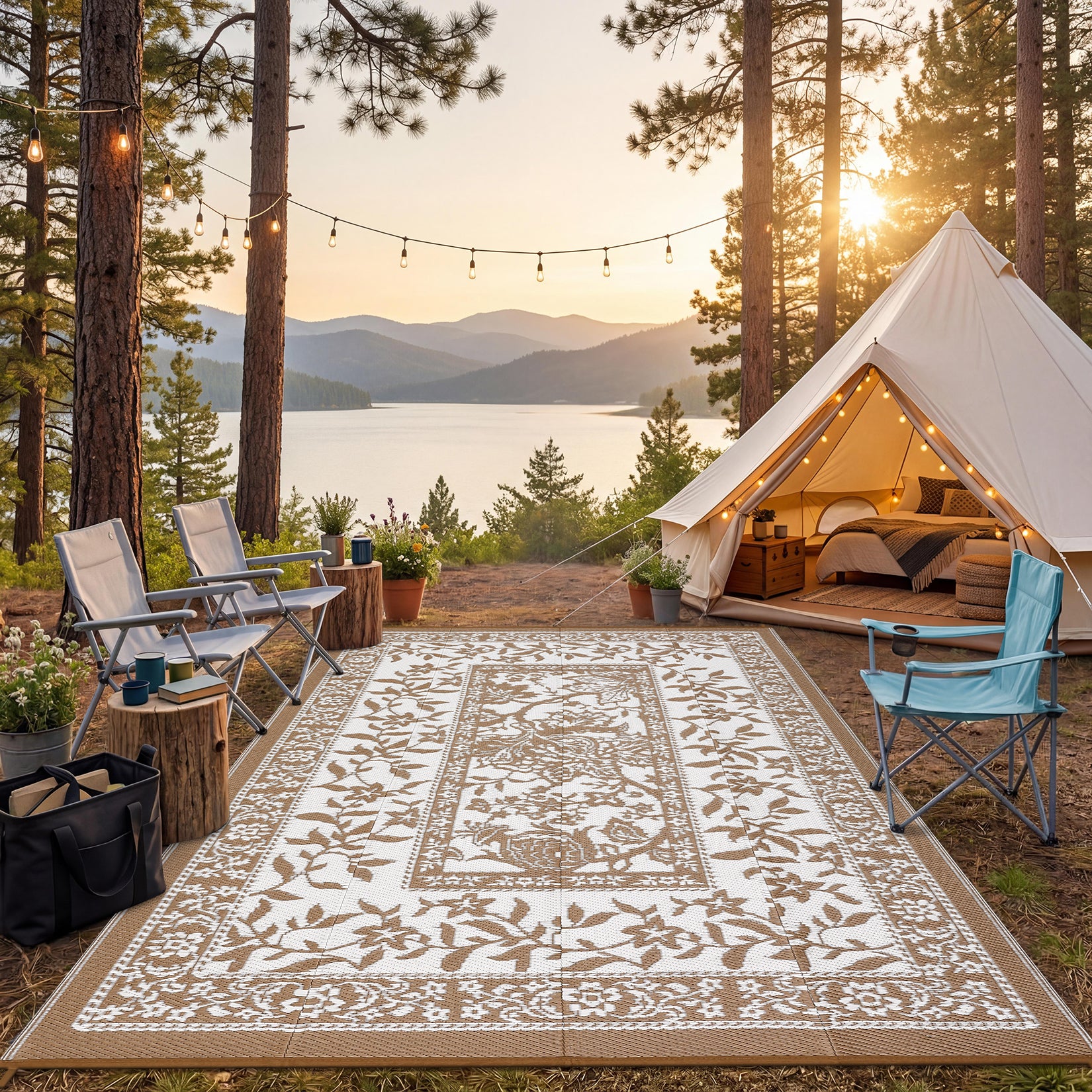 Garvee Reversible Outdoor Rug 10x14ft Brown White Waterproof UV ...