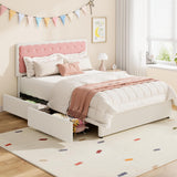 Garvee Full Size Velvet Upholstered Bed with Biscuit Headboard, Adjustable Height, Storage Drawers, Engineered Wood, No Box Spring, Pink & White, Modern Bedroom - With 2 Drawers (Cream White & Pink)