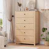 Garvee Modern 5 Drawer Sideboard Cabinet – Tall Dresser with Large Storage, Wide Top, Sturdy Design for Bedroom, Hallway, Dining Room – Almond Yellow - Natural