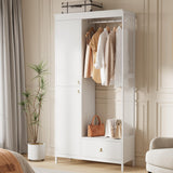 Garvee Modern Armoire Wardrobe Closet, Wood and Metal Frame Clothes Storage Organizer with Double Closed Doors, Open Hanging Rod, Bottom Drawer, Freestanding Bedroom Furniture for Small Spaces, White - White