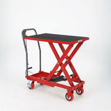Garvee Heavy Duty Hydraulic Lift Table Cart – 1100 lbs Capacity, 35.4" Max Lift Height, Manual Single Scissor Platform, Non-Slip Pad, Locking Wheels, Steel Construction, Material Handling Solution, 32x20" Tabletop, Red (Gray Handle)