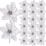 Garvee 20 Pcs Glitter Christmas Flower, 6.3 in Large Velvet Artificial Magnolia Flowers with Stem, Christmas Tree Wreath Garland Xmas New Year Wedding Decoration, White