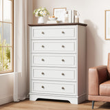 Garvee Farmhouse 5 Drawer Dresser for Bedroom - Vertical Chest Cabinet with Ample Storage - Tall Organizer for Living Room, Hallway, Closet - White Oak - Color: Wood Grain White + Black Walnut Panel - White Oak