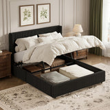 Garvee Queen Size Corduroy Upholstered Storage Bed Frame with Gas Lift, Padded Headboard, Wooden Slat Support, Black, Bedroom - Black
