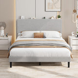 Garvee Corduroy Upholstered Platform Bed Frame with Adjustable Storage Headboard & Built-in USB Charging Station – Sturdy-colored Wood Slats – Noise-Free – Easy Assembly – No Box Spring Needed – Queen Size, Light Gray - Light Gray