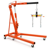 Garvee 2 Ton Folding Hydraulic Engine Hoist – Heavy Duty Cherry Picker – Adjustable Boom (0.5T-2T), Load Leveler, 4400 lbs Capacity – 6 Swivel Wheels, Hydraulic Pump – Engine Crane Lift for Garage, Workshop, Warehouse – Orange with Load Leveler