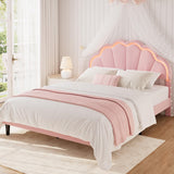 Garvee Contemporary Velvet Platform Bed Frame - Adjustable Seashell Headboard - LED Light - Underbed Storage - Full Size, Light Pink - Pink