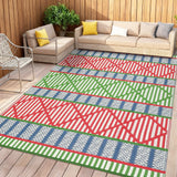 Garvee Reversible Waterproof Outdoor Rug 9x18ft – Boho Geometric Patio Mat – Easy Clean, Collapsible, Non-Slip, Durable Plastic Straw Carpet – Perfect for Deck, RV, Camping, Backyard, Balcony - Multicolor (Red / Green / Blue)