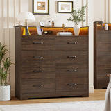Garvee 8 Drawer Dresser for Bedroom - 47.2” Wide Double Chest of Drawers with LED Light and Charging Station, Modern Large Cabinet Organizer with Open Shelf for Living Room, Entryway, Hallway, Brown - Dark Oak