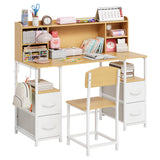 Garvee Kids Study Desk and Chair Set, 47.2" Kids Desk with Hutch & 4 Fabric Storage Drawers, Detachable Hooks Metal Frame Children Writing Table Workstation for 5-12 Boys Girls Bedroom, Home, School - Natural Wood + White