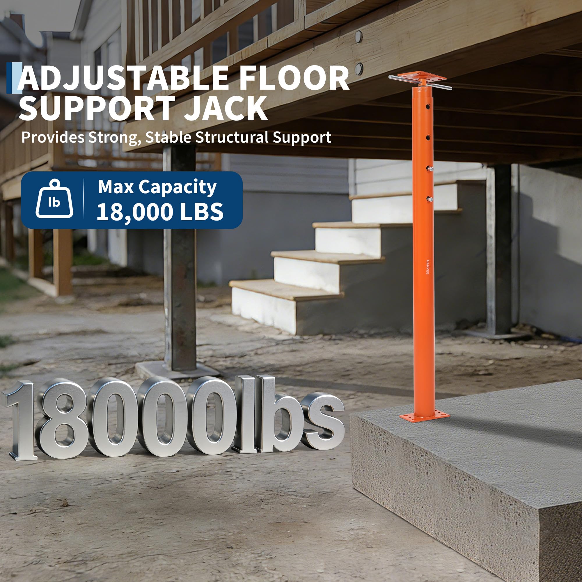 Adjustable house floor jack post with an 18,000 lb load capacity callout