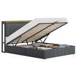 Garvee Lift-Up Storage Bed Frame with LED Lights, Button-Tufted Upholstered Headboard, Charging Station, Solidified Wooden Slats, Noise-Free Metal Platform, No Box Spring Needed - Full Size, Dark Grey (includes GRB LED/socket) - Gray with Lights
