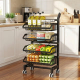 Garvee Vegetable Storage Rack, 4 Tier Kitchen Trolley with Lockable Wheels, Durable Metal Frame & Wood Handle, Carbon Steel Rolling Cart Fruit Basket Stand for Snack Onion Potato Pantry Bathroom 42x32x90cm - Zwj-6823-3Bk Black 3 Layers