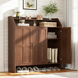 Garvee Farmhouse Shoe Storage Cabinet for Entryway, 47" Tall Wooden Shoe Organizer with 3 Doors, 5-Tier Adjustable Shelves & Open Storage Rack - Brown Wood Grain, Triple Door - Brown