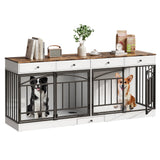 Garvee 78.7" Double Dog Crate Furniture with Storage and 4 Doors, Dog Kennel Indoor with Feeding Bowls, Wood Dog Crate TV Stand for Small Medium Dogs, White&Brown Top - White&Brown Top