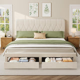 Garvee Velvet Upholstered King Size Platform Bed Frame with Headboard - 2 Storage Drawers, Diamond-Tufted Backrest, Wood Slat Support, No Box Spring Needed, Easy Assembly - White - Beige