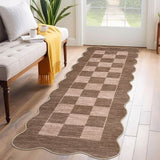 Garvee 2' x 8' Modern Checkered Runner Rug, Machine Washable Non-Slip Low-Pile Scalloped Rug for Hallway, Kitchen & Entryway, Brown - Brown