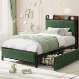Garvee Metal Platform Bed Frame with 2 Storage Drawers & Charging Station, Upholstered Headboard, No Box Spring Needed - Twin XL - Black Tube/Dark Green - Black Tube + Dark Green