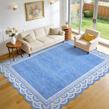 Garvee Scalloped Lace 5x7 Area Rug with Non-Slip Backing, Machine Washable, Soft Faux Wool, Durable Low Pile, Elegant Blue for Living Room & Bedroom - Lace|Blue