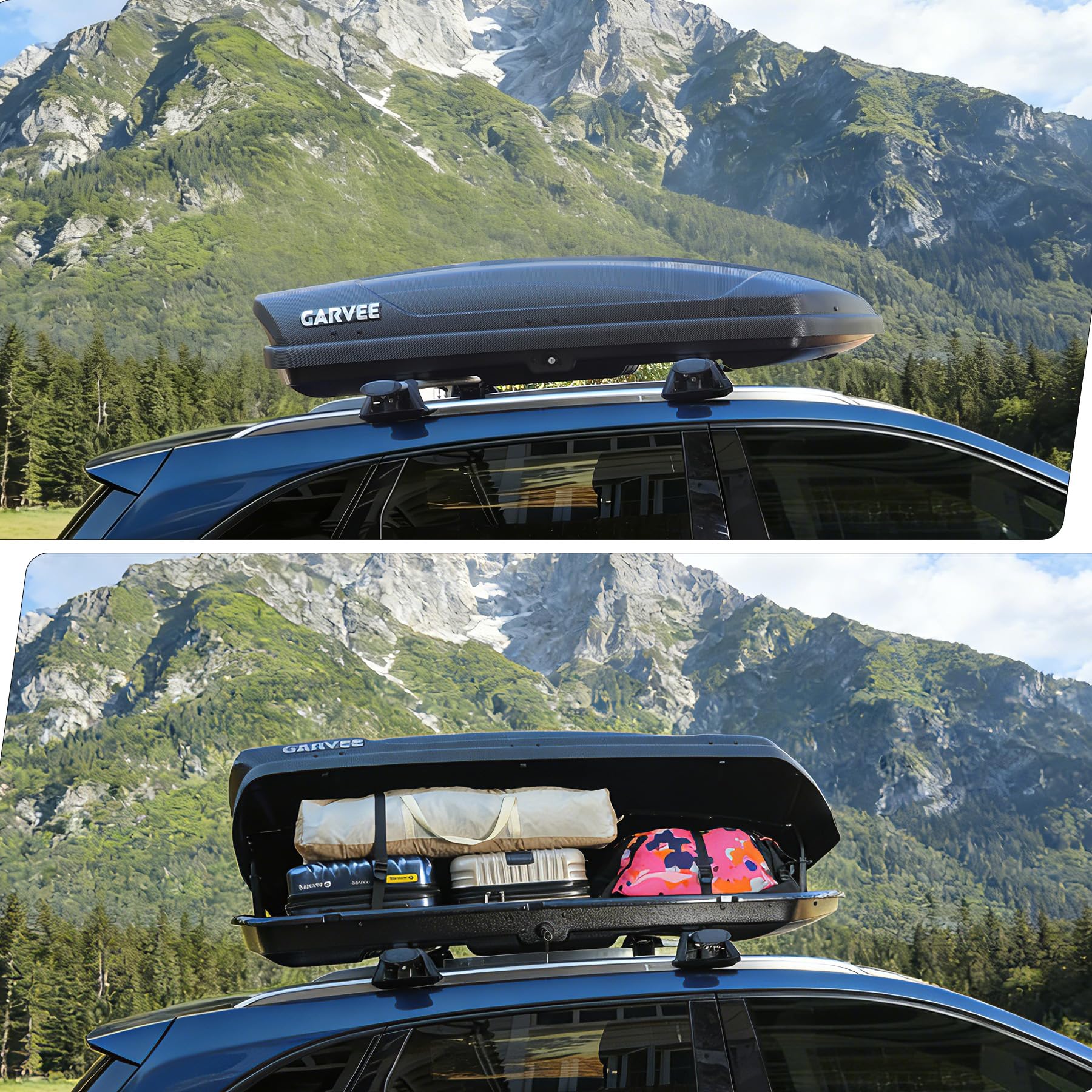black rooftop cargo box with hard shell ABS construction details